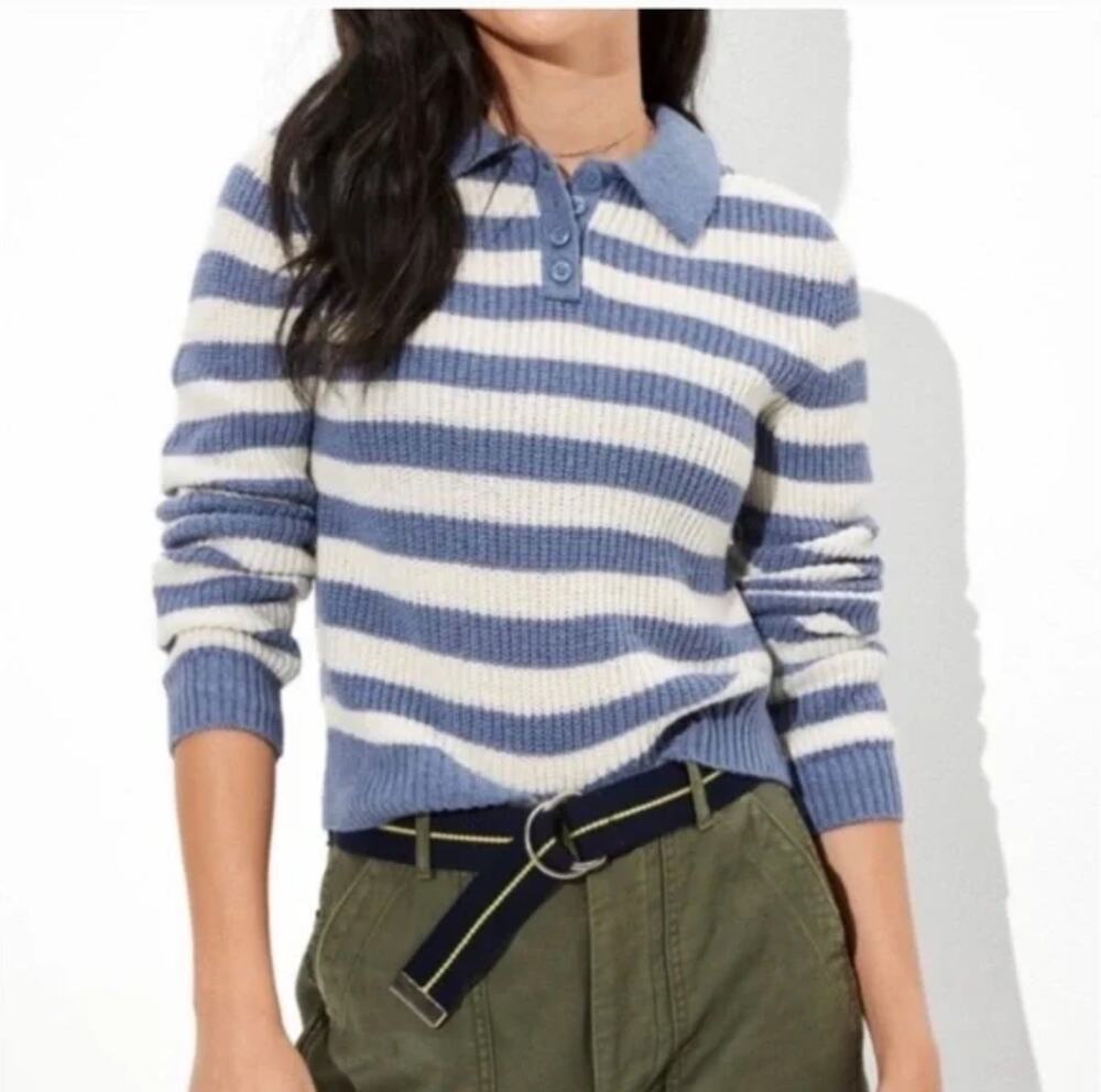 American Eagle Soft Knit Striped Henley Sweater S NWT Blue White Prep Collar
